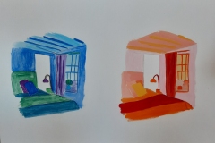 A room with a window, in blues and in reds.