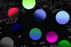 A Tree with 9 spherical shapes and starry night sky.