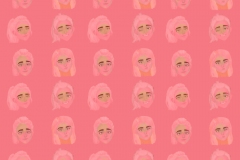 Colorful pattern of faces on a grid with pink background.