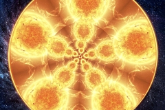 An orange mandala on dark blue ground.