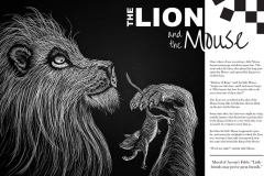 The Lion and the Mouse layout with linoleum cut illustration.