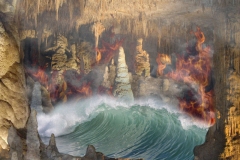 A fantasy environment with composite landscape blending earth, air, fire and water.