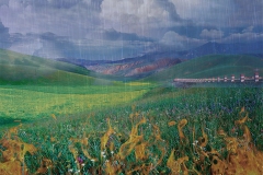 Mountains, meadow and rainstorm show a composite landscape blending earth, air, fire and water.