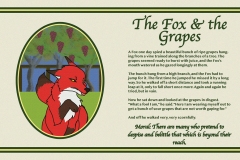 traditional storybook spread layout of The Fox and the Grapes with the fox in a frame of grapes.