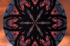 A dark red and gray mandala on an orange ground.