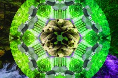 A green and gray mandala on a landscape background.