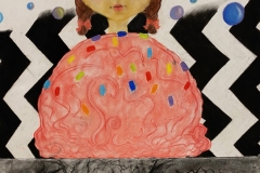 Exquisite corpse is a segmented drawing of feet, midsection, and head, each drawn by a different person. This drawing has a girls head, ice cream scoop middle, and hoof-like feet.