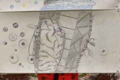 Exquisite corpse is a segmented drawing of feet, midsection, and head, each drawn by a different person. This has a ship sailing top, an abstract organic tissue mid section, and a beetle butt bottom.