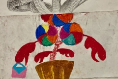 group_03Exquisite corpse is a segmented drawing of feet, midsection, and head, each drawn by a different person. This drawing has several snakes head's for a head, a potted candy plant middle, and erect legs.