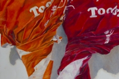 colorful photo realistic drawing of two tootsie pops, close up, one orange, one red.
