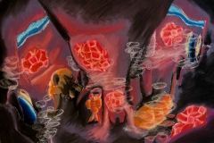 A colorful abstract drawing where organic structured shapes mingle with loose swooping patches of color.