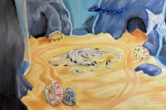 A colorful abstract fantasy style depicting objects/creatures in a strange place.