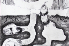 A composite creature drawing depicting a tunnel system with bunny-like creatures who have goat horns.