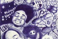 A collage style ballpoint pen drawing depicting a woman and man with eyes closed, the word love, and all sorts of characters from movies, shows, and other pop culture places.