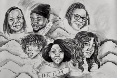 A collection of portraits among clouds, the center a woman with words stating "this is me", with presumed other friends and family surrounding  her.