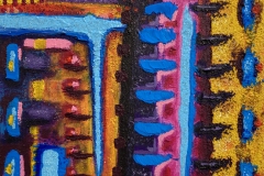 colorful textured abstract painting of lines and blotches of color.