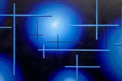 colorful geometric painting of lines among a background of glowing orbs.