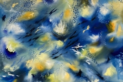 abstract colors and loose forms swirl directionally across the composition.