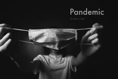 image of mask blocking mans head, words stating "Pandemic: Wear a mask".
