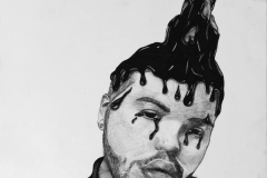 Portrait of a man with a hand rising up from the top of his head. Covered in black fluid that drips down his face. another hand reached down towards the other.