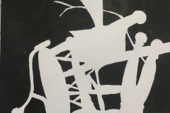 stark black and white image outlining the shapes of a plant atop a stool.