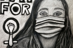 charcoal portrait of a woman with a mask on. the background states "equal pay for" then the symbol for female, with a fist within the circle.