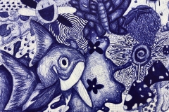 collage style ballpoint pen drawing of different patterns, animals and objects.