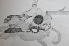 graphite drawing of a cow skull. The range in values showing contour of the skull.