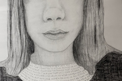 self portrait of a woman with a Ruth Bader Ginsburg collar with quotes from her written on it.
