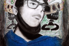 charcoal and color portrait of a man wearing  a mask. two skulls in the background, one with a peace hat, one with a war hat.