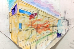 two point perspective of a shelving unit receding into space.
