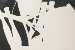 abstract negative space drawing depicting the the space around a stool with plant atop.