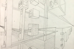 two point perspective drawing of building forms receding into space.