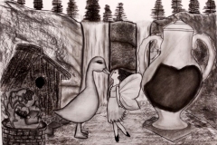 fantasy drawing of a fairy and duckling in a waterfall setting with a giant vase and birdhouse.