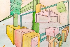 colorful two point perspective of blocks and stairs receding into space.