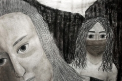 portrait of two women, one wearing a mask and saying  "this pandemic left me jobless and took my home".