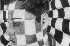 portrait of a man with a checkerboard background the continues over his face.