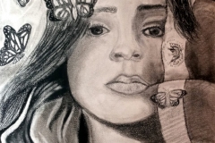 portrait of a woman with butterflies and a flag by her face.
