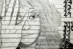 Portrait of a woman with her hand to her head in a mug shot style setting.