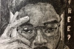 Self portrait of a black man with hand to his head, glancing downwards. Along the side of the composition the word "free?" is written.