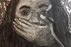 A self portrait of a woman covering her mouth, looking at the viewer. Thorns and roses tangle in the background.