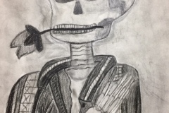 A charcoal drawing of a skeleton with a rose in its mouth.