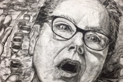 Self portrait of a woman with a gasping mouth, in the background a line of cars in traffic and smokestacks pollute the air of the composition.