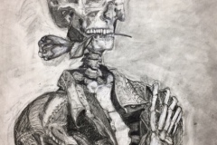 Portrait of a skeleton holding a rose in his teeth.