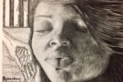 Self Portrait of a woman glancing downwards at a Franklin Roosevelt quote about immigrants. in the background, children are behind bars. in the foreground two hands reach for eachother.