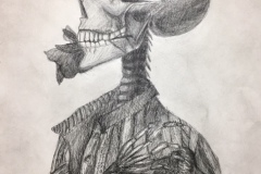 Side profile view of a skeleton holding a rose in his teeth, his arm placed across his chest.