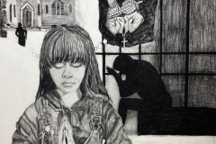 self portrait of a woman praying with a church burning in the background, words stating "I am praying for persecuted Christians".