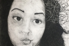 Portrait of a woman with lips puckered sideways, glancing to the side. Scribbles ascend from her head.