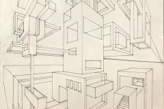 two point perspective drawing of box forms receding into space.