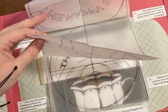 Inside page of book with overlays for The Happy Sip logo, a tea company.